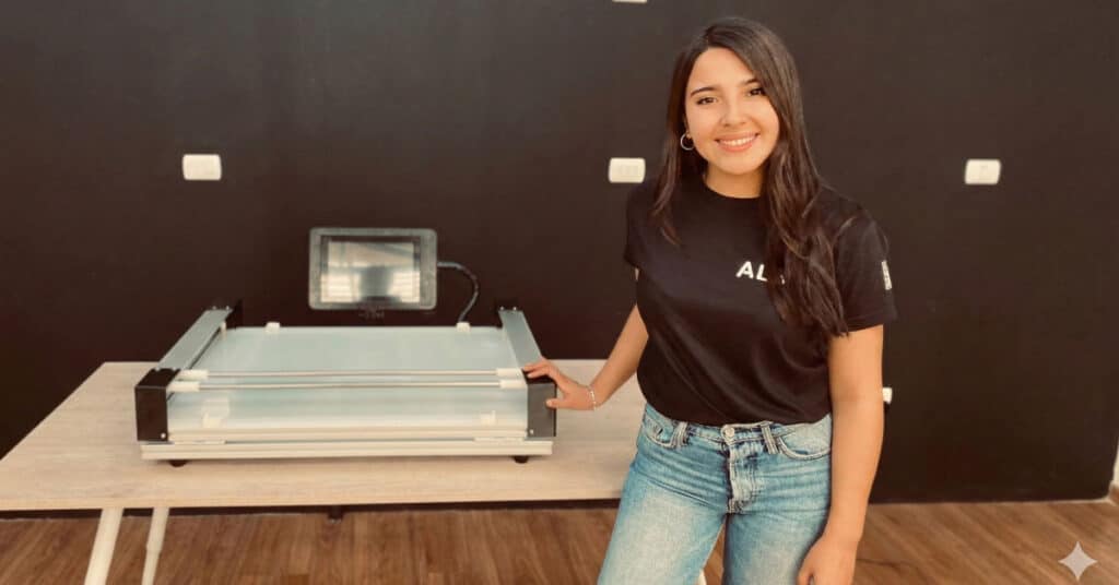 Pamela Salazar con el dispositivo de rehabilitación motora ALBA destacado en reportaje de Futuro 360